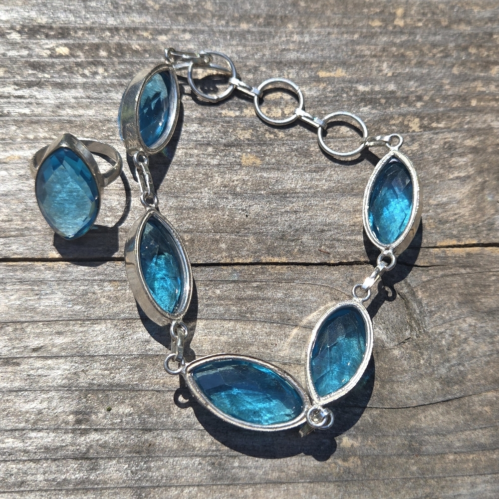 Blue Topaz Teardrop Beveled Necklace 18" Bracelet 10" Ring 4.5 Earring SET - Picture 7 of 11
